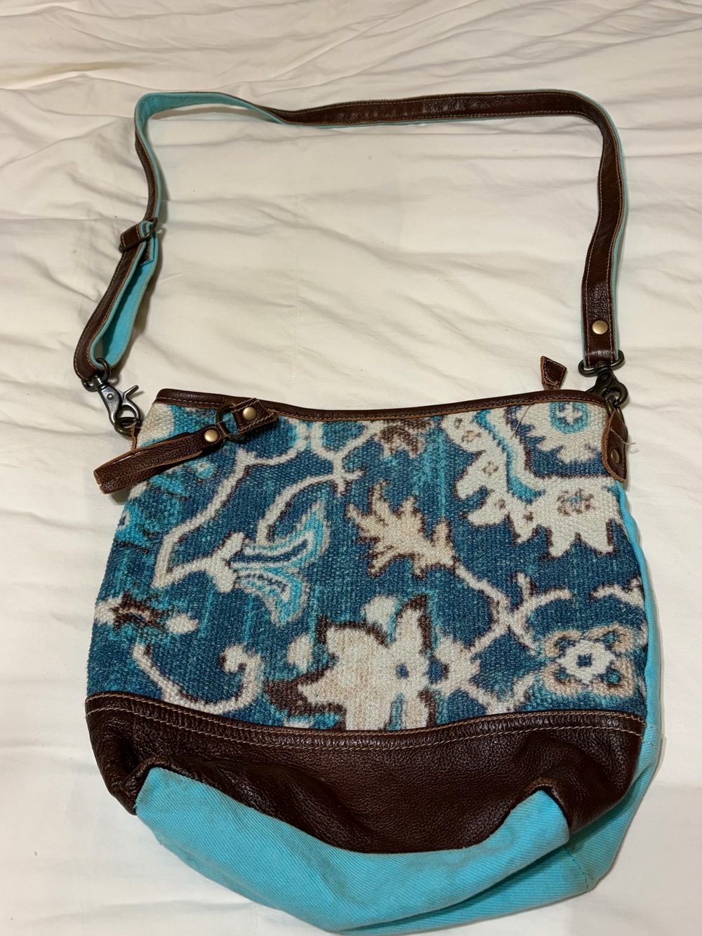 Myra -    Turquoise Floral Pattern Crossbody Bag with Brown Leather Trim